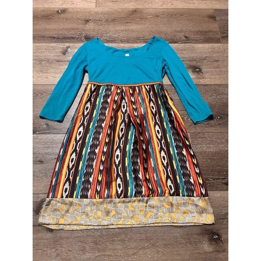 Uncle Frank Women's Teal Blue Aztec Boho Long Sleeve Combo Dress – Size S